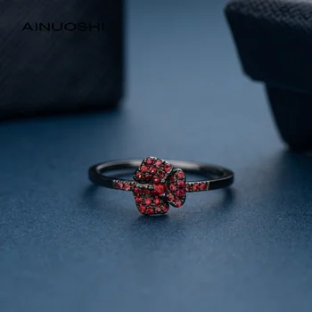 AINUOSHI Kvet Krúžok Malé Prírodné Ruby 0.223 ct 18K Zlata Pokovovanie Black Špeciálne Šperky Krúžok Darček pre Ženy