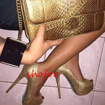 SHOFOO topánky,Krásne štýlové dámske topánky, zlaté pu, asi 4,5 cm nepremokavé, 14.5 cm vysoké podpätky, típat prst čerpadlá.