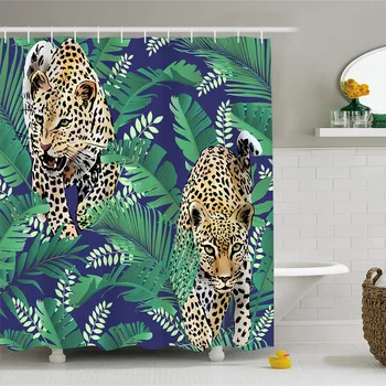 Tropické Palmové Listy Leopard Sprchový Záves Voľne žijúcich živočíchov Tiger Big Cat Rastlín Zelenej Listovej dažďového Pralesa Zvierat Vaňa Záclony s Háčikmi